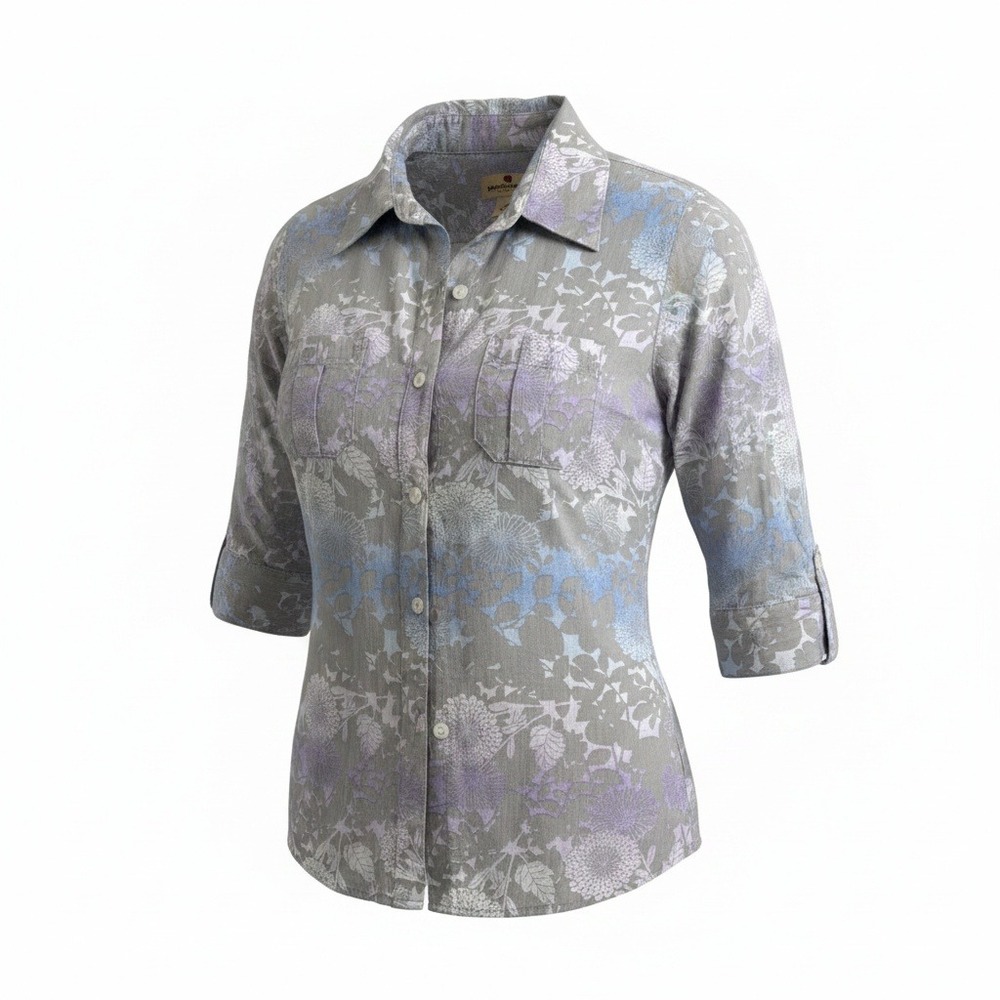 Woolrich Womens Petite Large Purple Blue Floral Roll Tab Button Up Shirt PL